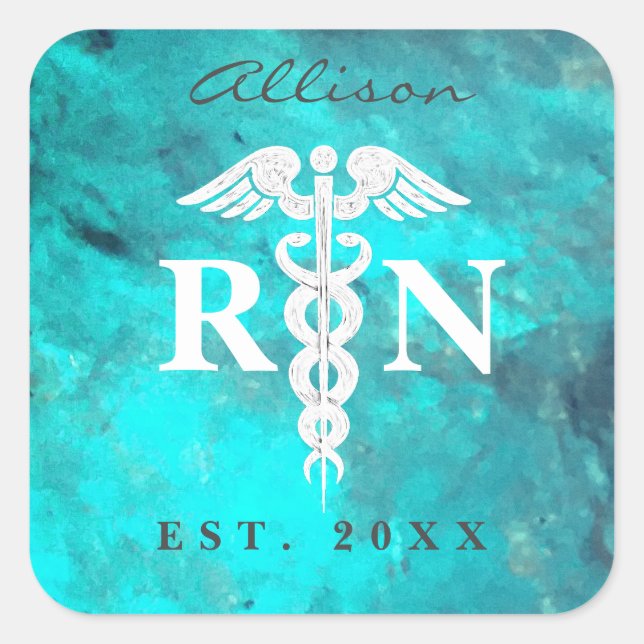 Registriert Nurse RN Caduceus Türkise Custom Quadratischer Aufkleber (Vorderseite)
