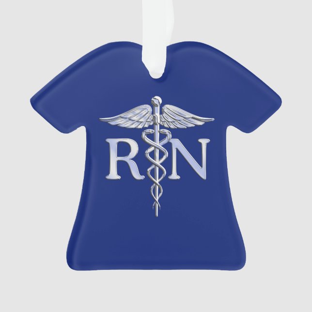 Registriert Nurse RN Silver Caduceus auf Navy Blue Ornament (Vorderseite)