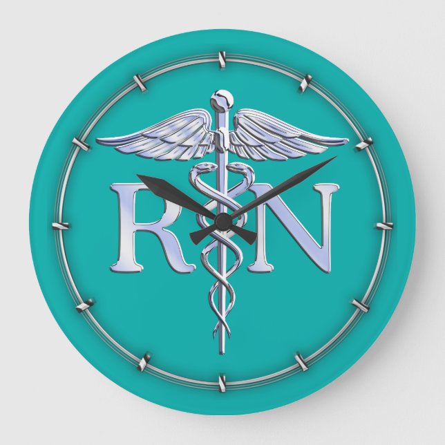Registriert Nurse RN Silver Caduceus auf Türkis Große Wanduhr (Vorderseite)