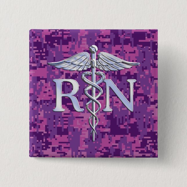 Registriert Nurse RN Silver Caduceus Fuchsia Camou Button (Vorderseite)