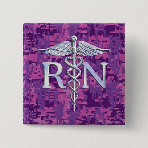 Registriert Nurse RN Silver Caduceus Fuchsia Camou Button