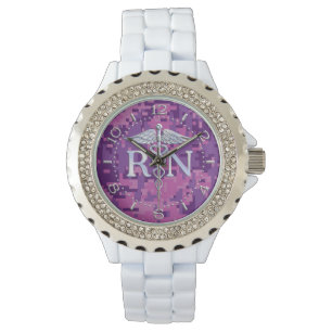 Registriert Nurse RN Silver Caduceus Fuchsia Watch Armbanduhr