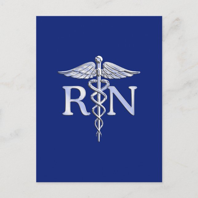 Registriert Nurse RN Silver Caduceus Navy Blue Dek Postkarte (Vorderseite)