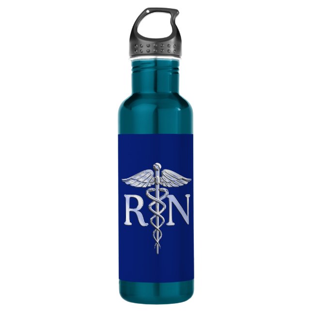 Registriert Nurse RN Silver Caduceus Navy Blue Dek Trinkflasche (Vorderseite)