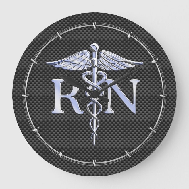 Registriert Nurse RN Silver Caduceus Snakes Große Wanduhr (Vorderseite)