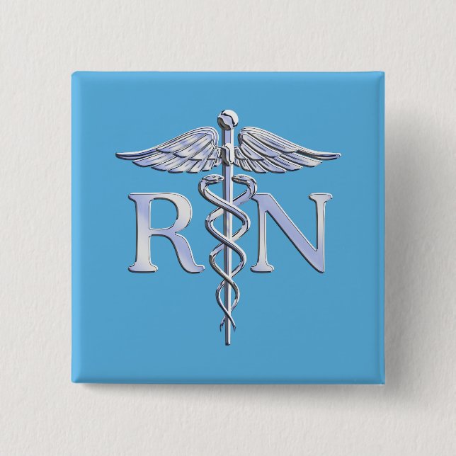 Registriert Nurse RN Silver wie Caduceus Baby Blue Button (Vorderseite)