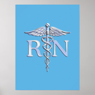 Registriert Nurse RN Silver wie Caduceus Baby Blue Poster