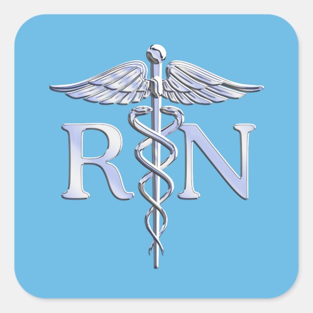 Registriert Nurse RN Silver wie Caduceus Baby Blue Quadratischer Aufkleber (Vorderseite)