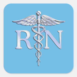 Registriert Nurse RN Silver wie Caduceus Baby Blue Quadratischer Aufkleber