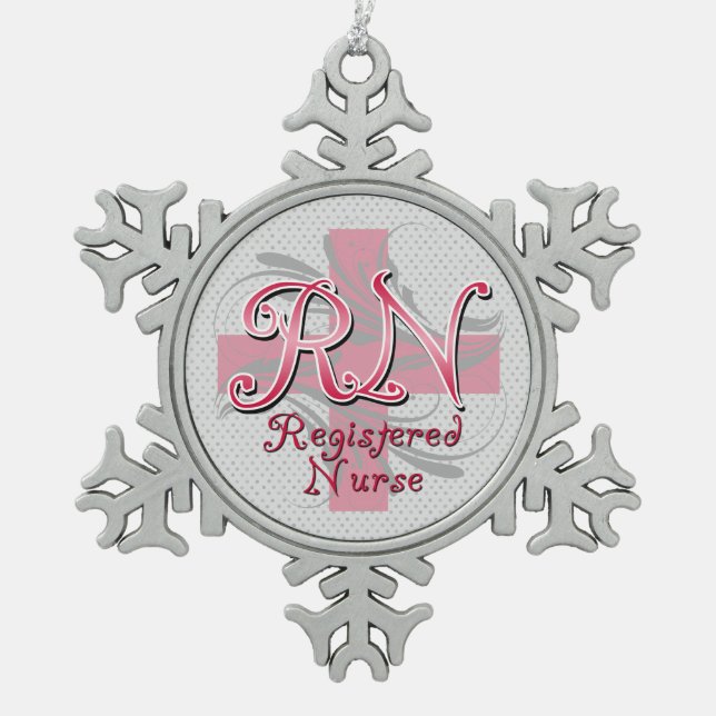 Registrierte Krankenschwester RN, rosa QuerWirbel Schneeflocken Zinn-Ornament (Vorderseite)