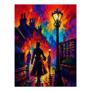Regnerischer Abendspaziergang im Licht der Straßen Poster