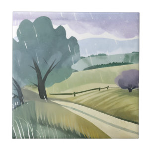 Regnerischer Tag Natur Aquarell Hügel Landschaft Fliese