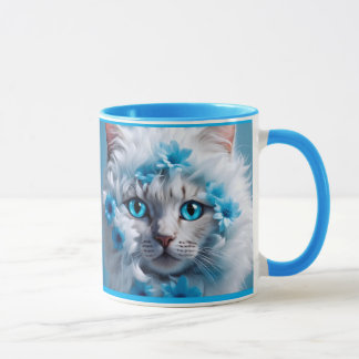 Regular blue mug with beautiful white cat tasse