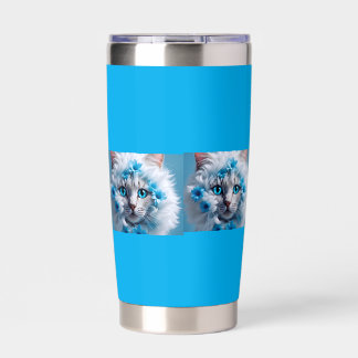 Regular blue mug with beautiful white cat thermobecher