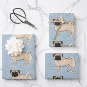 Reh-Pug-Mops-Hunderassen-Designmuster auf Blau Geschenkpapier Set