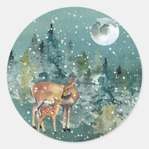 Reh und Hirschkalb im Wald Vollmond Schneefall Runder Aufkleber