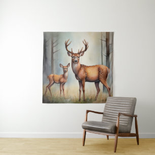 Reh und Kitz im Waldlicht Landschaft Wandteppich