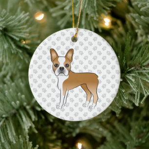 Rehbrauner und weißer Boston Terrier Cartoon-Hund Keramik Ornament