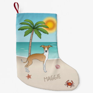 Rehbrauner und weißer Iggy-Hund an einem tropische Kleiner Weihnachtsstrumpf
