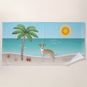 Rehbrauner und weißer Iggy-Hund an einem tropische Strandtuch