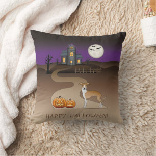 Rehbrauner und Weißer Iggy und Halloween Spukhaus Kissen