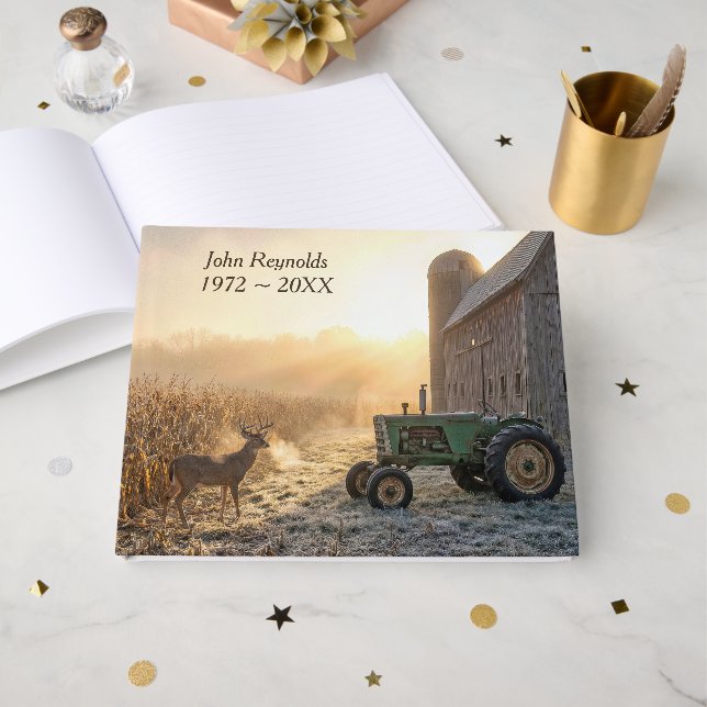 Rehe im Morgennebel mit Landwirtschlepper Gästebuch (Vorderseite Offen)