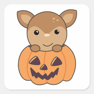 Rehe in Pumpkin Sweet Deer Happy Halloween Square Quadratischer Aufkleber