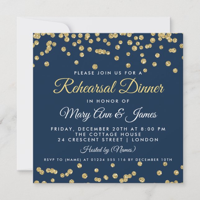 Rehearsal Dinner Gold Faux Glitter Confetti Navy Einladung (Vorderseite)