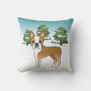 Rehfarben-weißer Boston Terrier in einem Winterwal Kissen