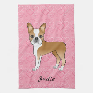 Rehfarbener Boston Terrier Hund auf rosa Herzen un Geschirrtuch