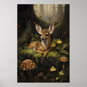 Rehkitz-Druck, Babyhirsch im dunkelgrünen Wald Poster