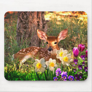 Rehkitz im Wald mit Tulpen-Mauspad Mousepad