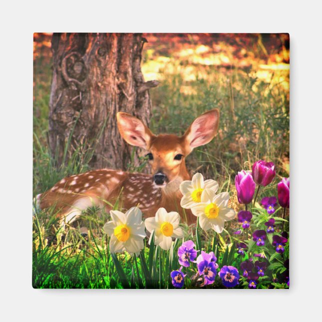 Rehkitz mit Frühlingsblumen Narzissen / Tulpen Magnet (Vorne)