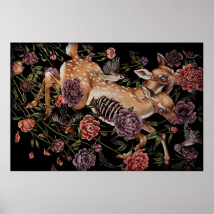 Rehkitz mit Vögeln und Blumen gothische Botanik Poster