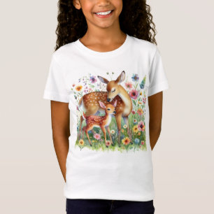 Rehkitz und Hirschkuh zwischen Wildblumen stehend T-Shirt