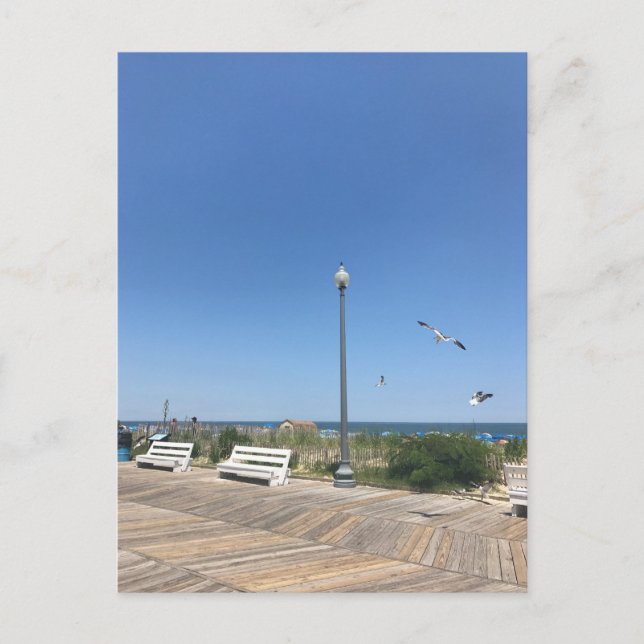 RehoBeide Beach Boardwalk Seagulls Sky Ocean Foto Postkarte (Vorderseite)