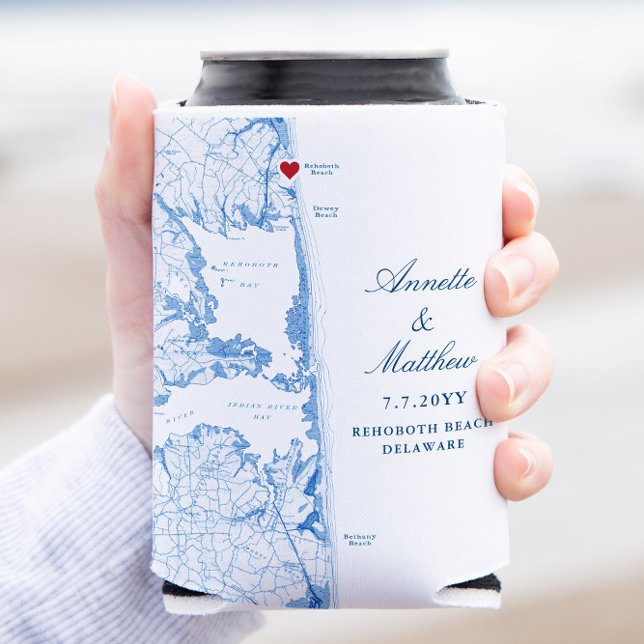 RehoBeide Beach Delaware Gastgeschenk Hochzeit Dri Dosenkühler (Rehoboth Beach Delaware can cooler wedding favor with elegant navy blue map from Coastal Map Designs)