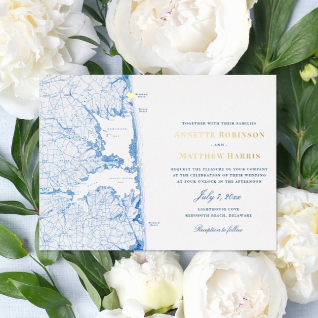 RehoBeide Beach Delaware Hochzeitsnacht und Gold Folieneinladung (Rehoboth Beach Wedding Invitations with elegant gold foil printing and navy blue typography )