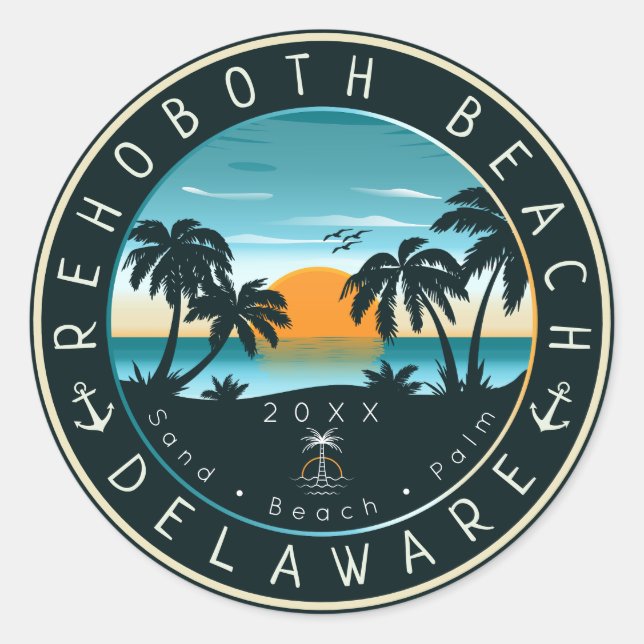 RehoBeide Beach Delaware Sunset Retro Souvenir 80e Runder Aufkleber (Vorderseite)