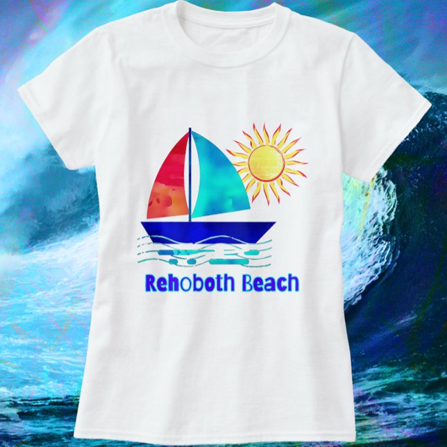 RehoBeide Strand Delaware Hübsch Watercolor Sailbo T-Shirt (Rehoboth Delaware Vacation Souvenir shirt with color choices)
