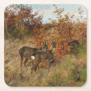 Rehwild mit Herbstlaub Vintage-Wildtierfotografie Rechteckiger Pappuntersetzer
