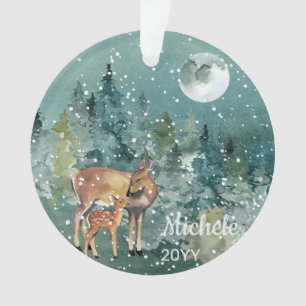 Rehwild Wasserfarbe Vollmond Schneefall Wald Ornament