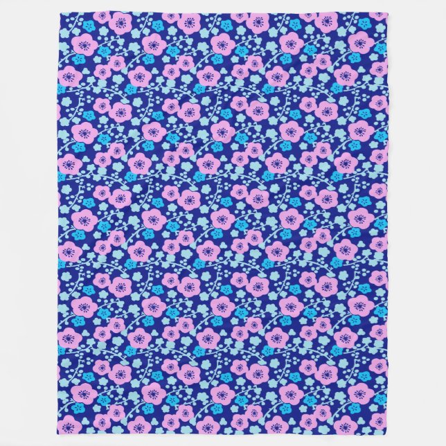Reich blaues und rosa Blumenmuster Japanischer Pfl Fleecedecke (Vorderseite)