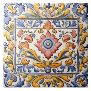Reich Rosa Gelb Blau Blüten Floral Fliese
