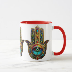 Reich verzierte goldene farbenfrohe Hamsa Grün auf Tasse
