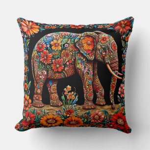Reich verzierter Elefant mit lebendigen Blumenmust Kissen