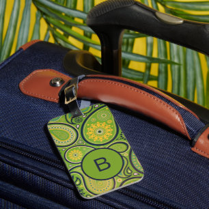 Reich verziertes grünes Paisley-Muster-Monogramm Gepäckanhänger
