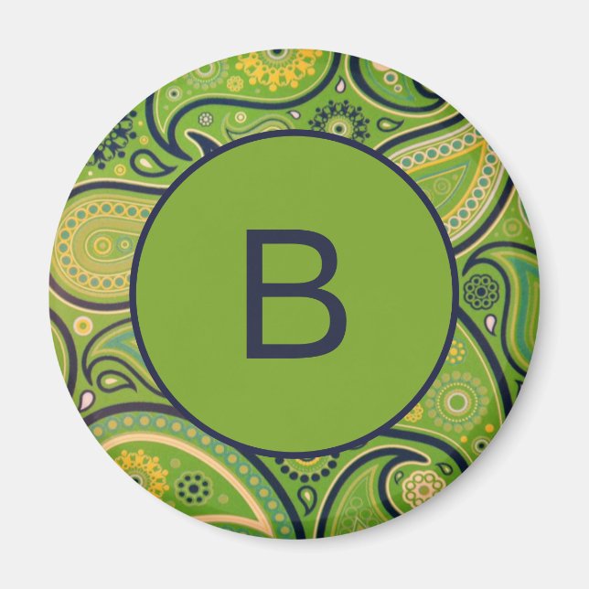 Reich verziertes grünes Paisleymuster-Monogramm Magnet (Vorne)