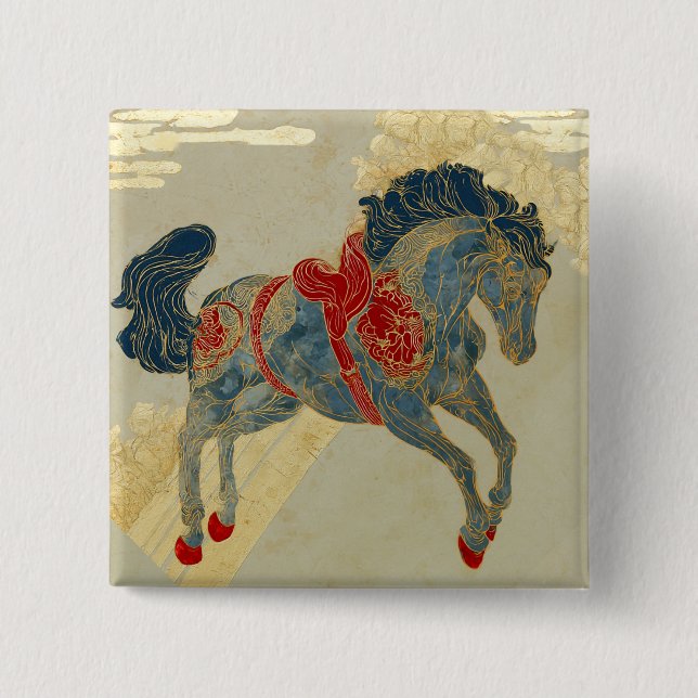 Reich verziertes königsblaues Pferd  Button (Vorderseite)