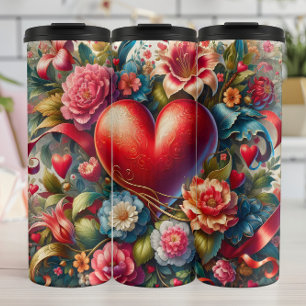 Reich verziertes rotes Herz Blumendesign Thermosbecher